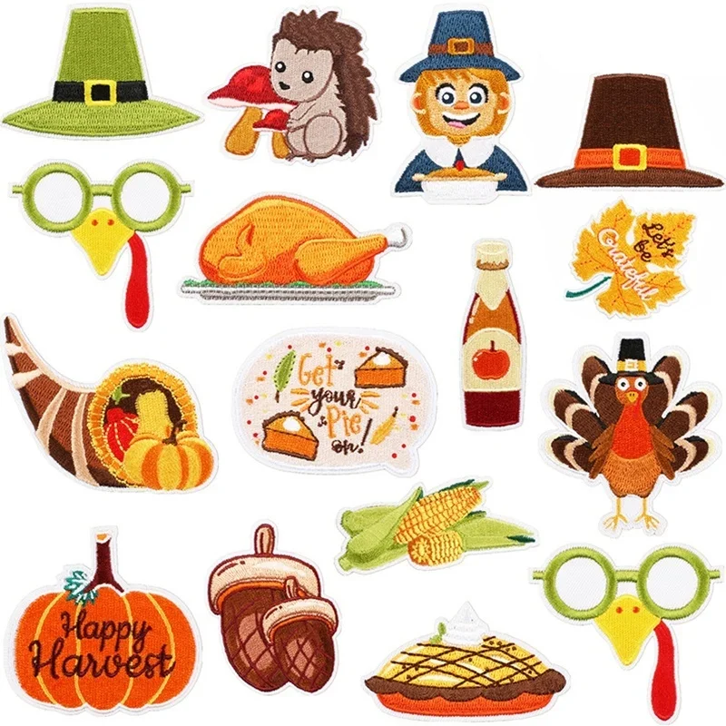 Thanksgiving Day Themed Embroidered Appliques Grateful Badge Autumn Harvest Grain Corn Turkey Patch Iron on Decals for Clothing