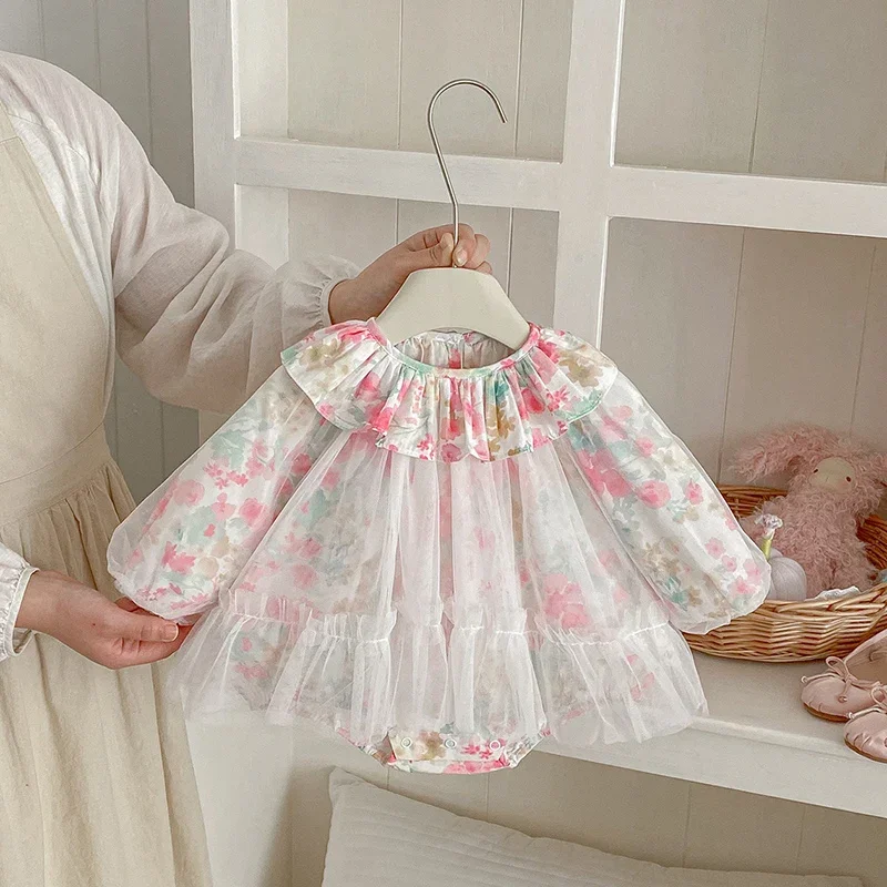 

2026 New Spring Korean Style Climbing Suit Long Sleeved Cotton Printed Splicing Toddler Baby Girl Romper 0-24M Baby Clothing