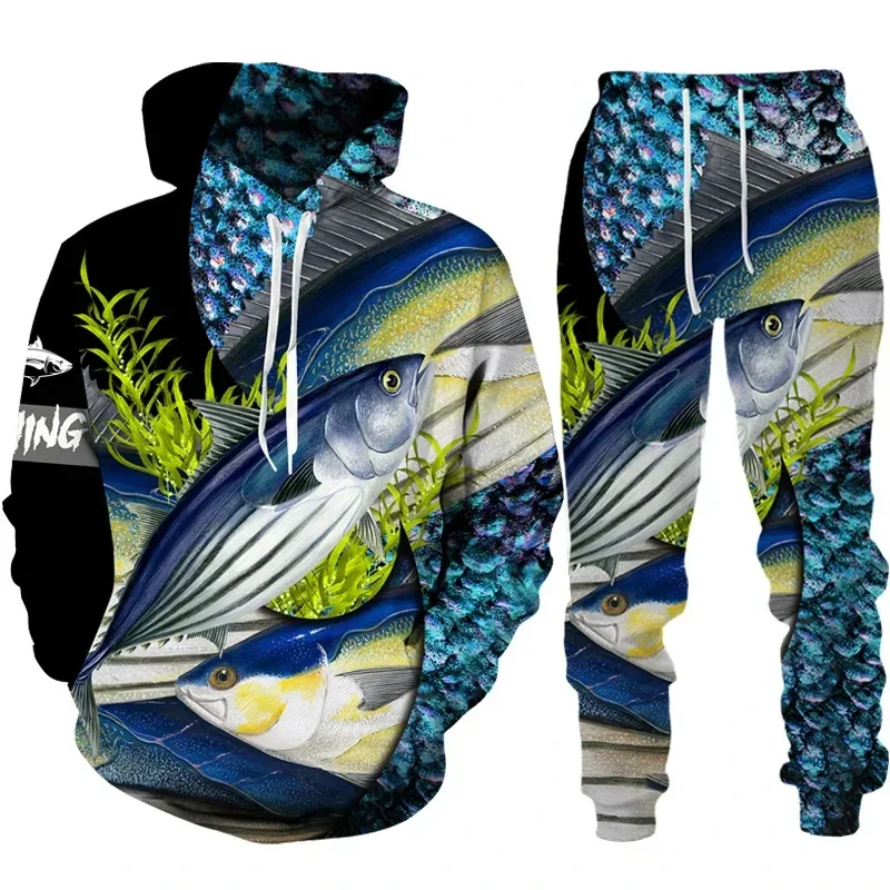 Peixe impressão 3d conjunto com capuz masculino camuflagem casual pesca moda ao ar livre roupas esportivas manga longa pulôver oversize de alta qualidade