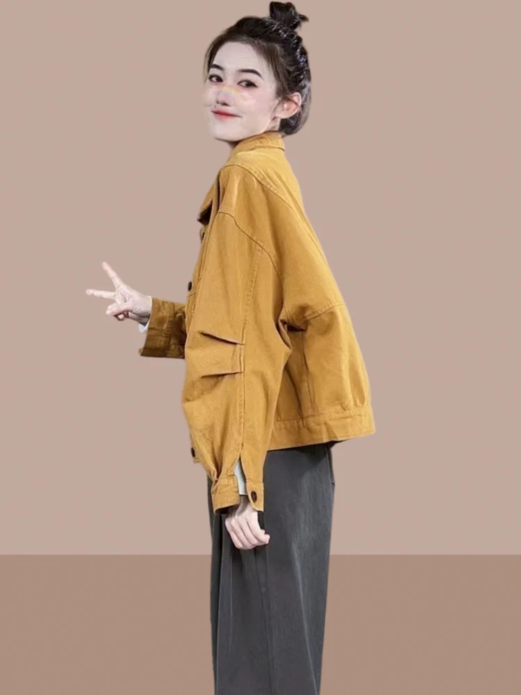 Spring Autumn Short Denim Jacket Women's Fashionable Small Size Top Ladies' Coat Button Closure Long Sleeve Loose Fit Jeans