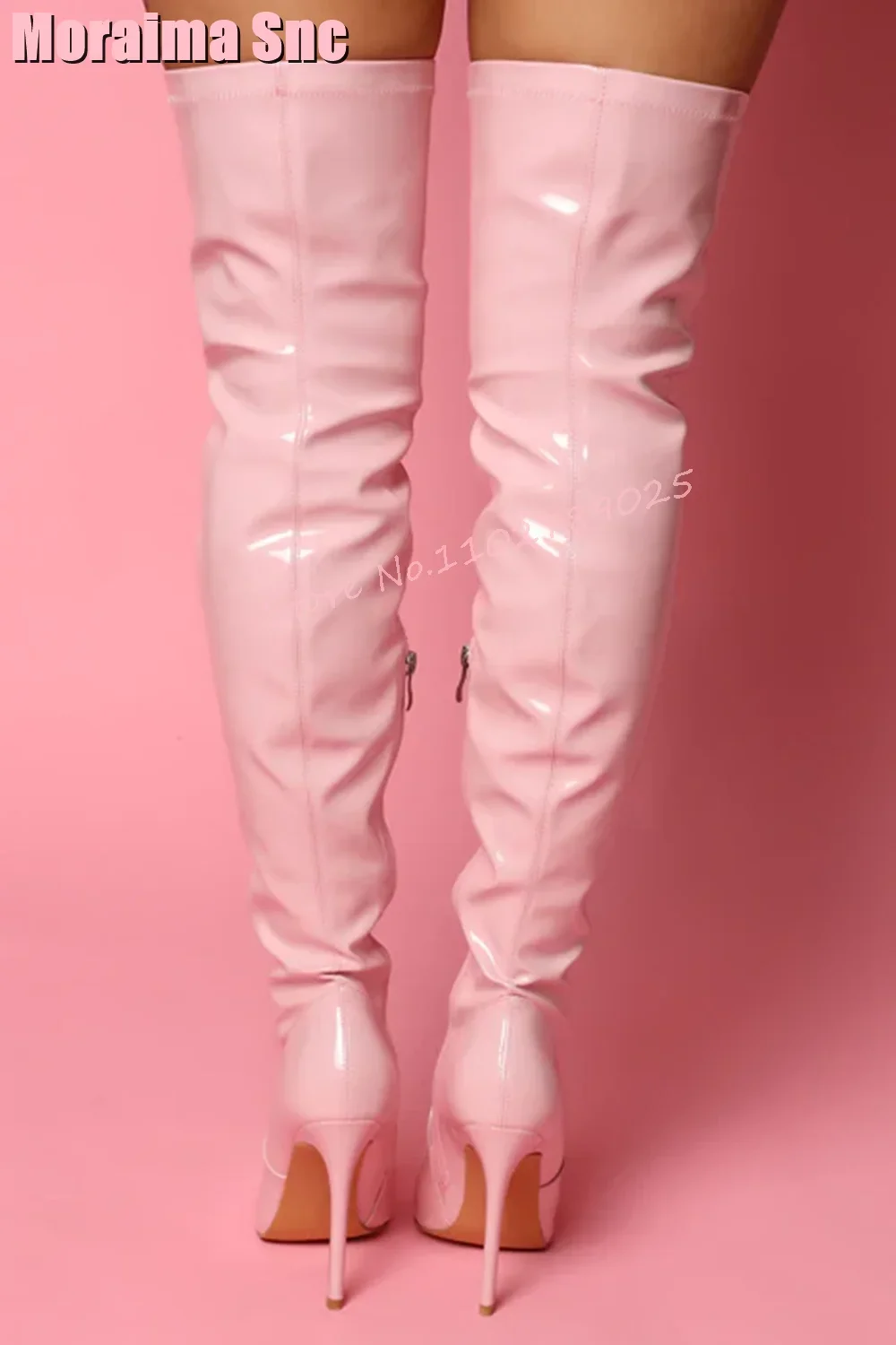Patent Leather Thigh High Boots Stiletto High Heel Pointed Toe Side Zipper Pink Solid Sexy Women Long Boots Fashion Autumn 2023