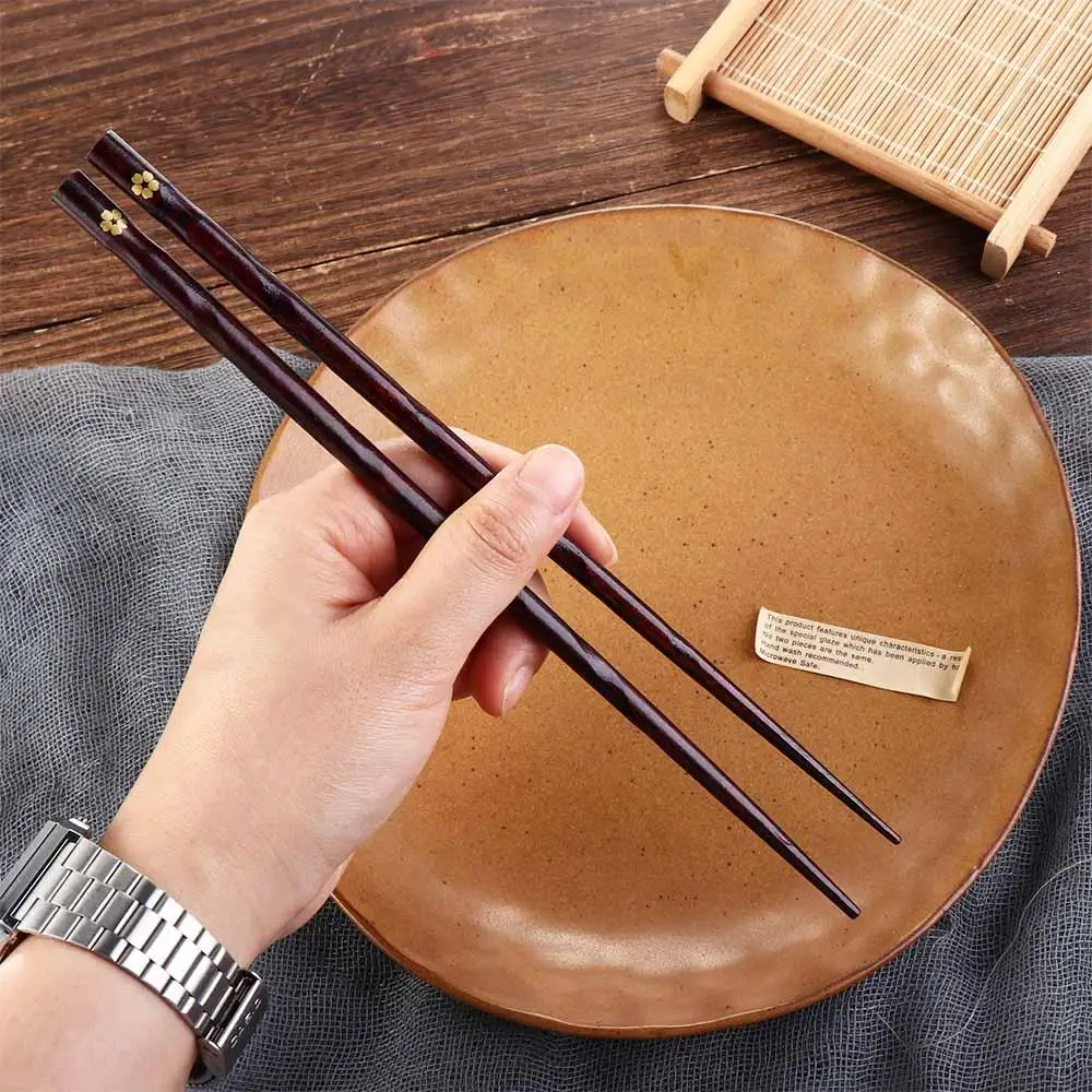 Chinese Japanese Reusable Rustic Wooden Plum Blossom Pattern Kitchen Utensils Chopsticks Flatware Tableware