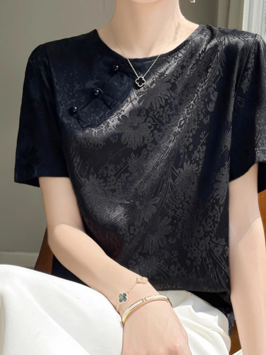 

Elegant Chinese Style Short Sleeve Silk T-Shirt Satin Surface Hidden Flower Design True Silk Half Sleeve Shoulder Acetate Shirt