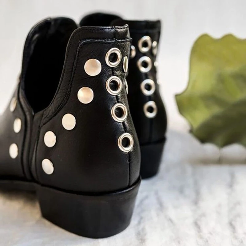 ASILETO Büro-Damen-Stiefeletten, spitzer Zehenbereich, klobige Absätze, Nieten, Slip-On, große Größe 34–43, Schwarz, modisch, S3314