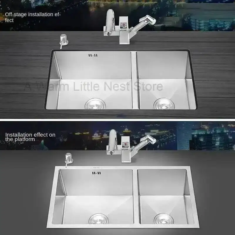 Home Steel Kitchen Stainless Sinks Accessories Kitchen Dish Drainer Handmade Double-slot Modern Embedded Under-counter Washbasin
