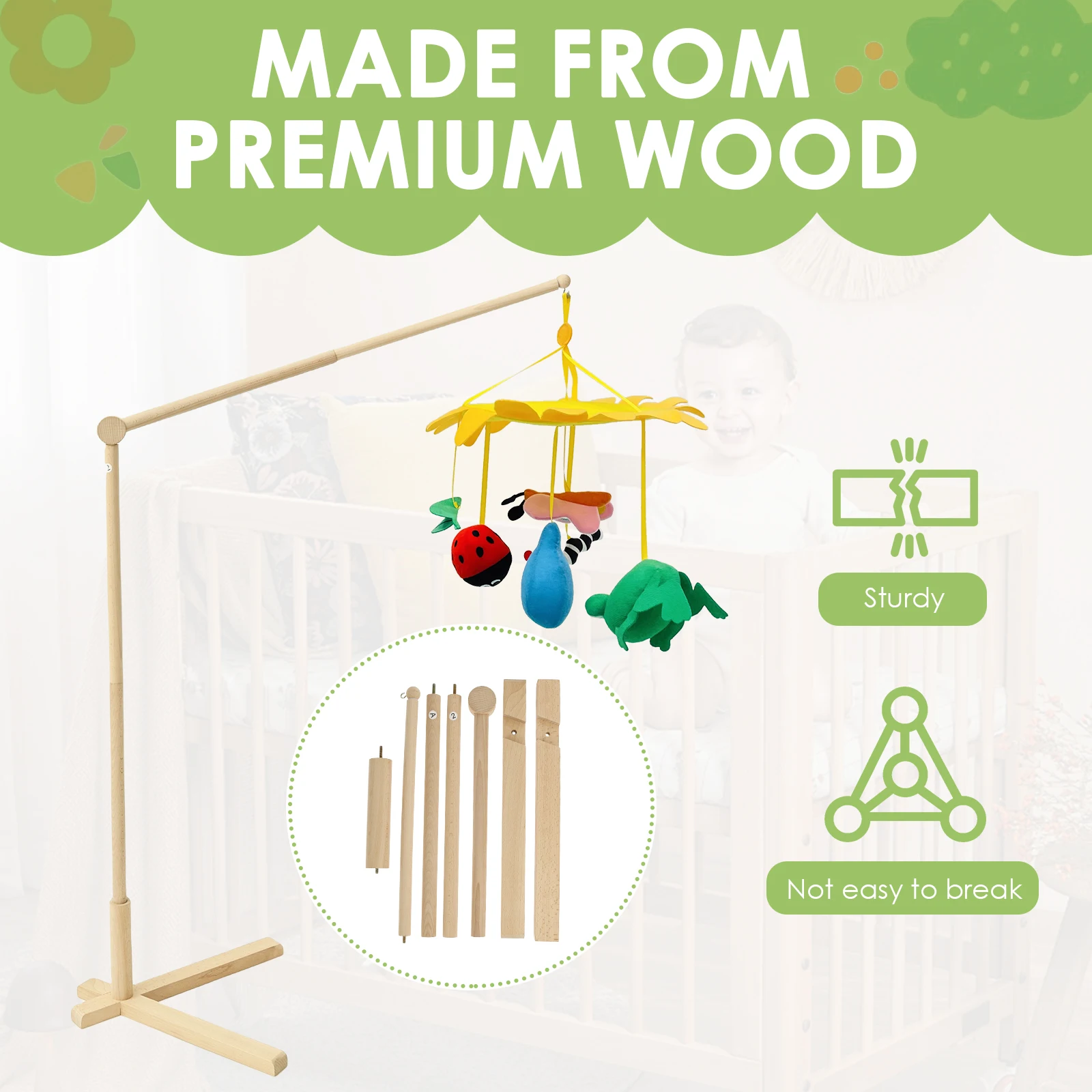 Braccio mobile per culla Supporto in legno da pavimento Appendiabiti mobile per bambini Decorazione per asilo nido per appendere campanelli e giocattoli per lettino