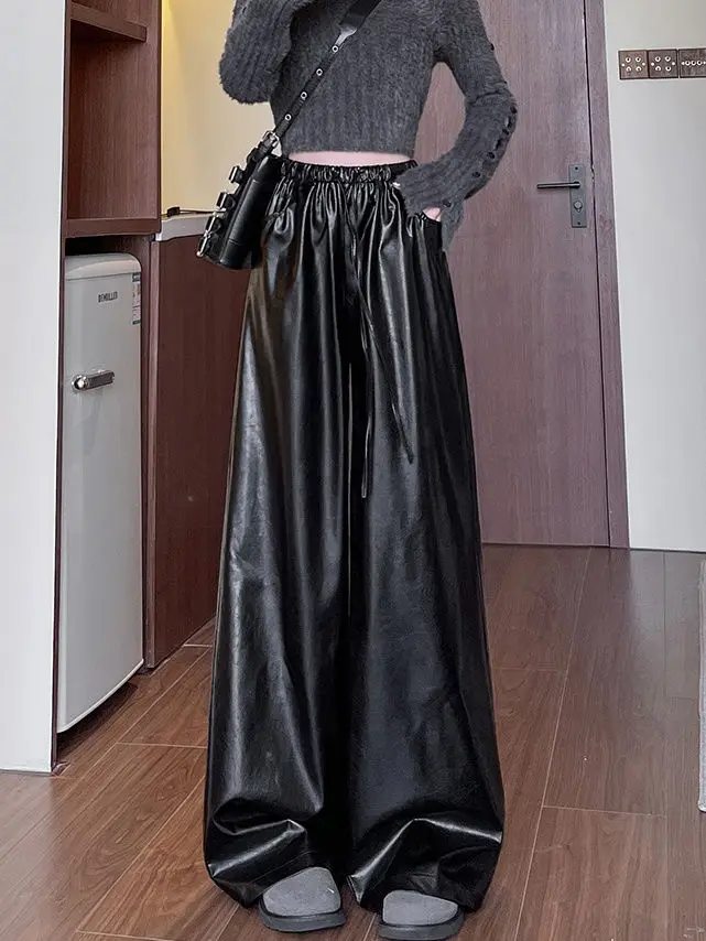 Black PU Leather Pants For Women In Autumn And Winter Retro High-End Loose Wide-Leg Pants Maillard Draped Casual Trousers