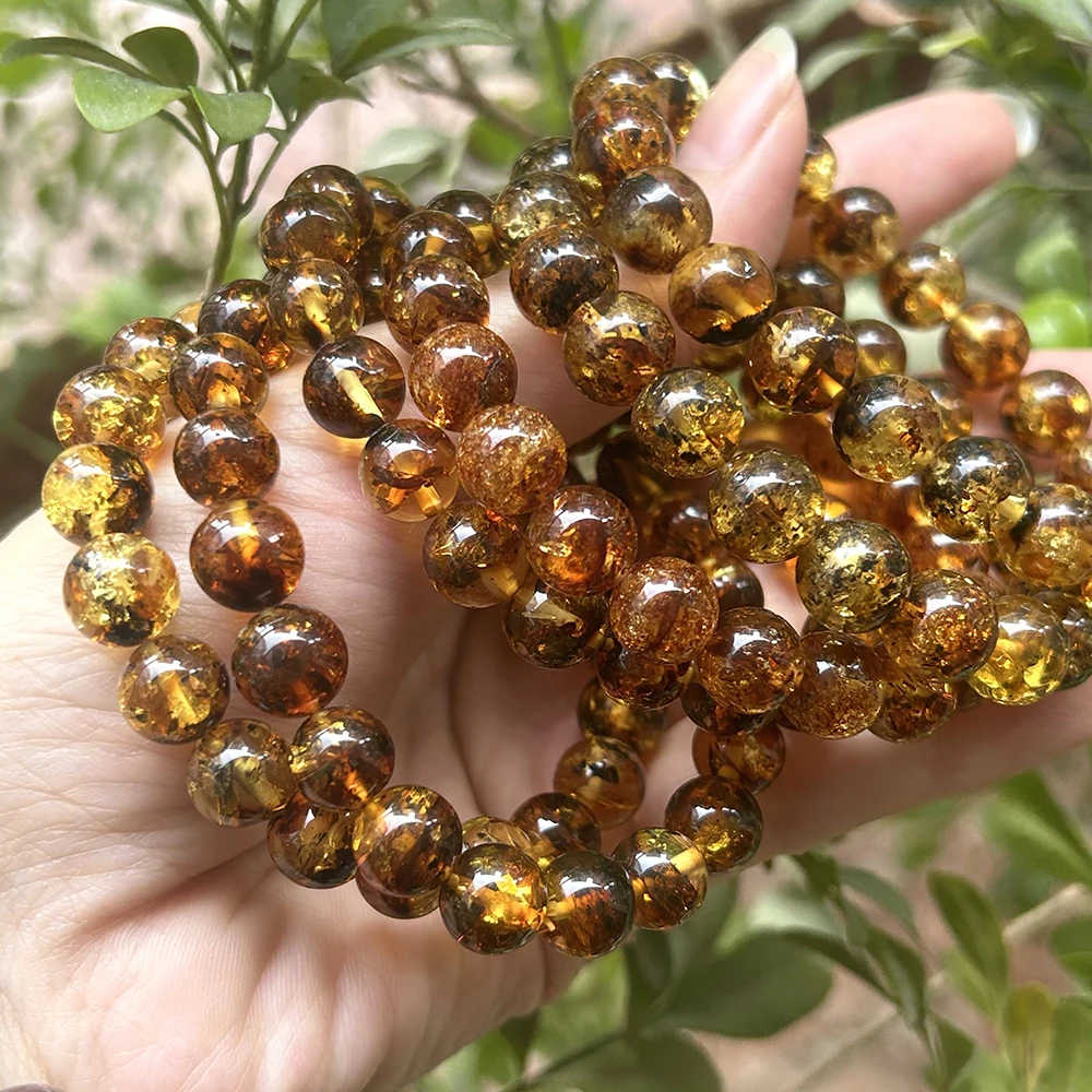 Natrural 8.8mm-10.5mm Genuine Flower Amber Bracelet Round Beads ,Fashion Jewelry for Men and Women Special Gift，Diy Wholesale