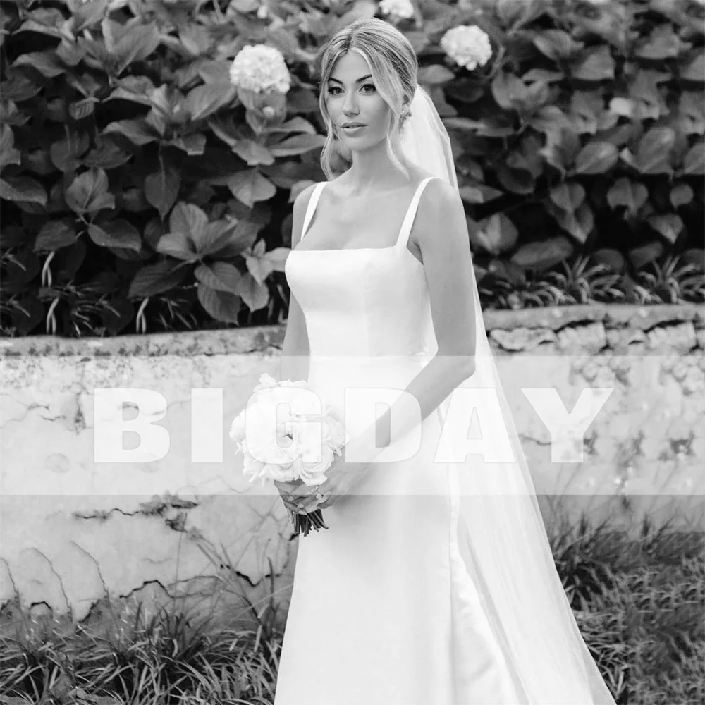 Elegant Mermaid Wedding Dresses Women 2024 Spaghetti Straps Square Collar Satin Simple Bridal Gown Sweep Train Vestidos De Noiva