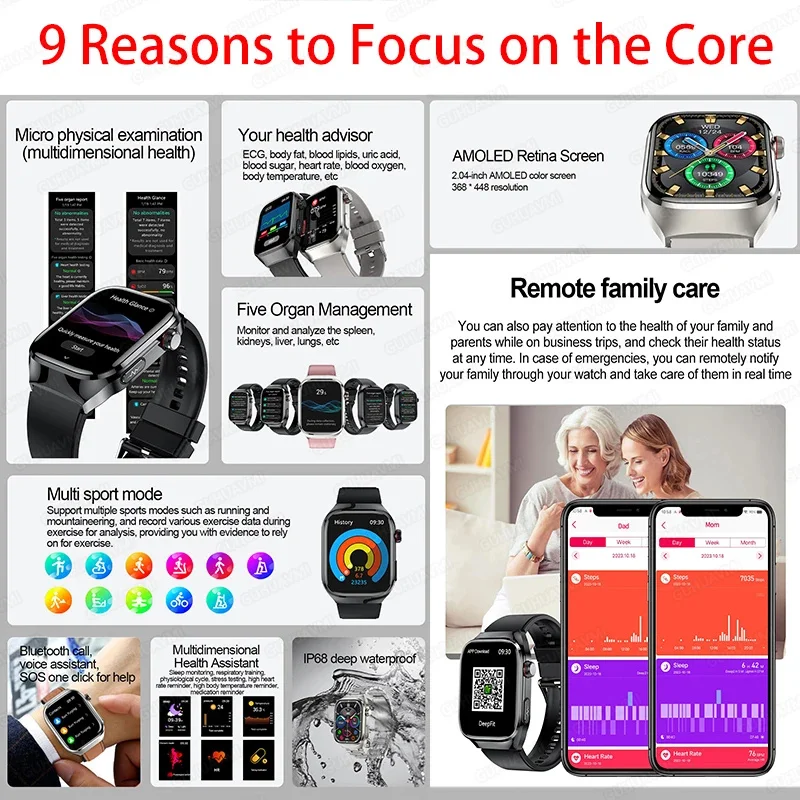 SmartWatch شاشة لمس كاملة الفحص البدني ضغط الدم حمض اليوريك الصحة الأكسجين في الدم الجسم الدهون ECG الرياضة ساعة ذكية