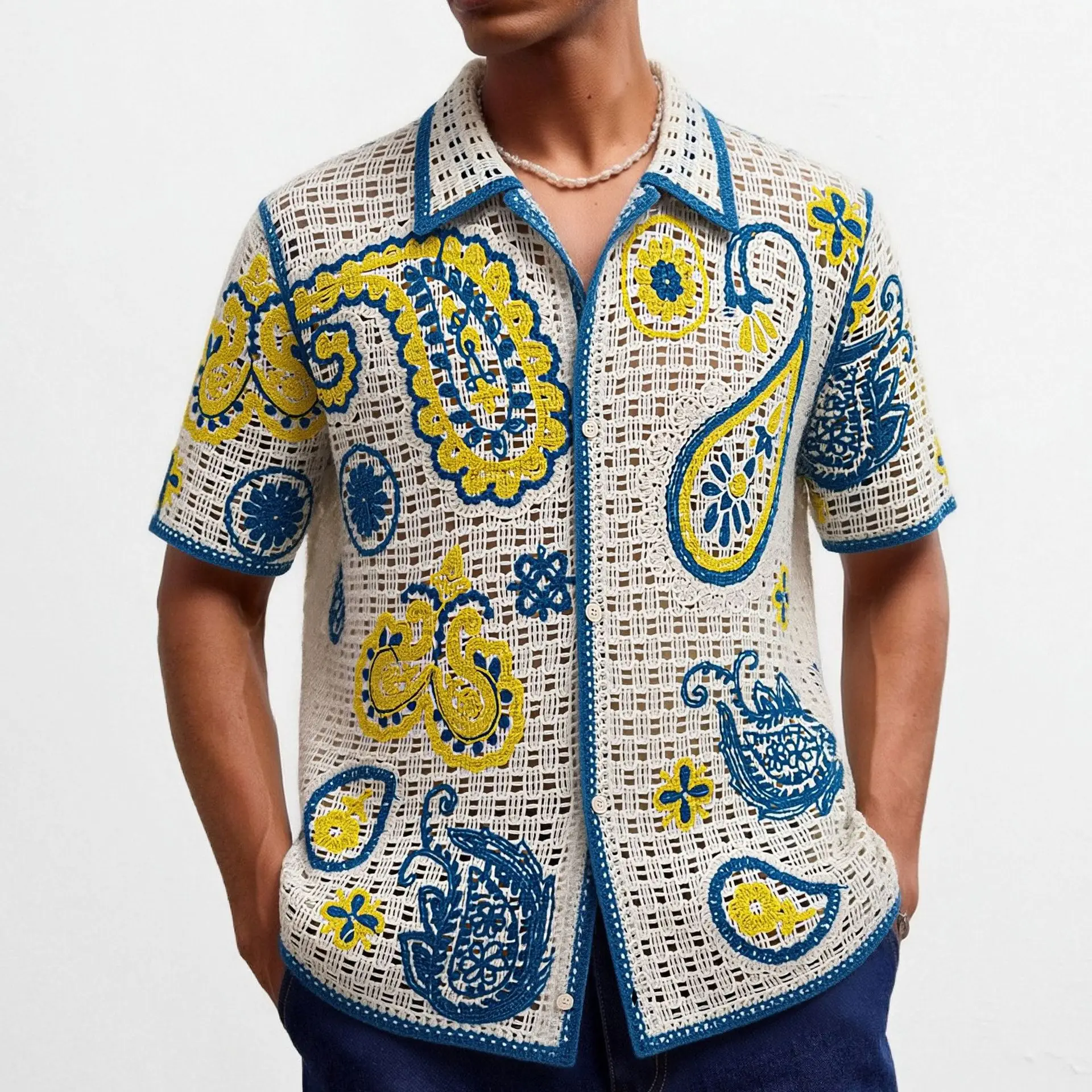 Vintage Ethnic New Fashion Men Apricot Floral Knitted Polo Shirts Summer Male Casual Trendy Simple Basic Daily Cardigans Clothes