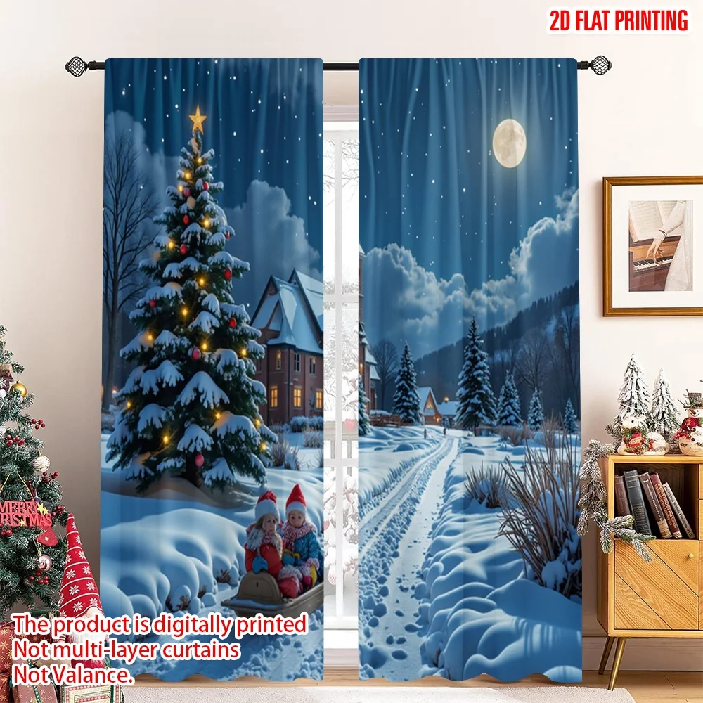

2pcs 2D flat printing Merry Christmas Popular Party Window Curtains Christmas Snow Scene Santa Sleigh 100% Polyester Without