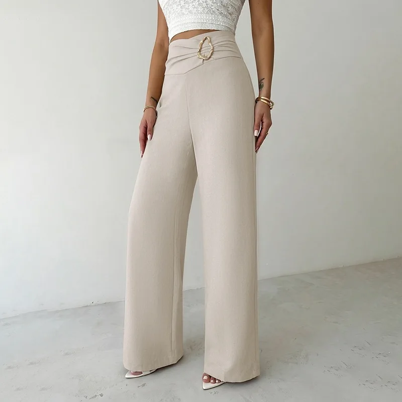 2026 Autumn and Winter New Pants Solid Color Metal High Waist Straight Pants Commuter Trousers Women