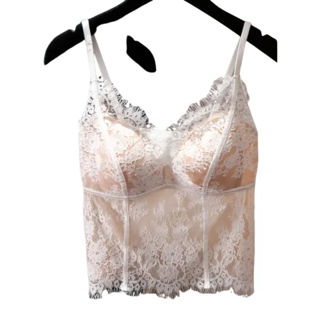 

KUCLUT Neck Eyelash Lace Camisole, Fish Bone Splice, Backless Beauty Back Top, Hook Flower Inner Wear Sleeveless Vest Women