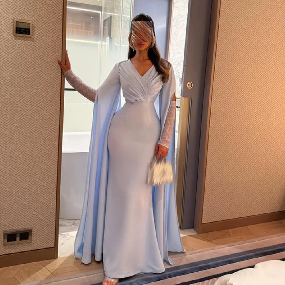 

Customized A-Line Prom Dresses Floor-Length V-Neck Full Sleeve Evening Gown Simple Fashion Draped Pleat Casual Party Gown