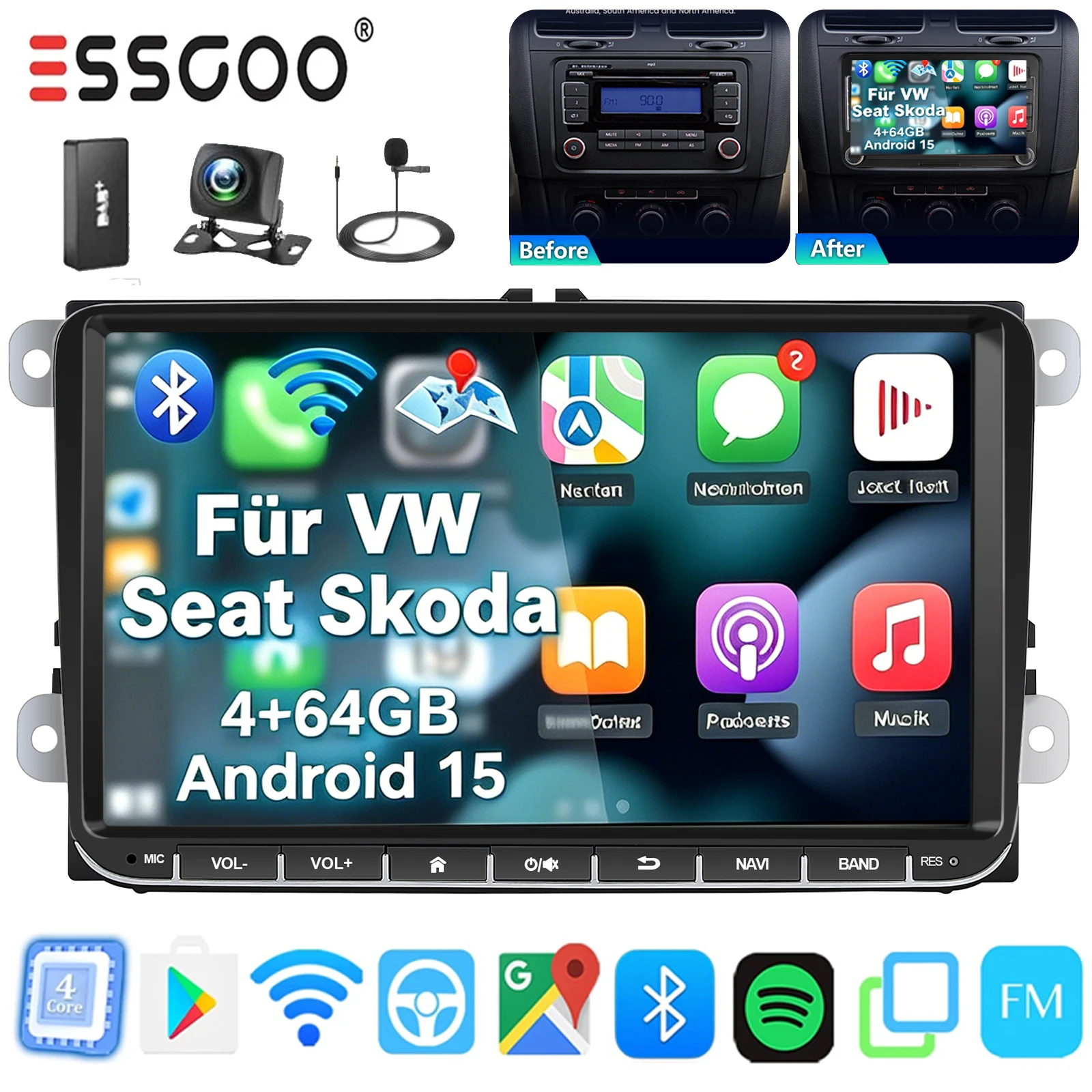 ESSGOO 4G+64G Android 15 QLED Autoradio für Mercedes-Benz R-Klasse R300 R350 R280 R320 R500 W251 CarPlay Multimedia GPS-Player Bluetooth