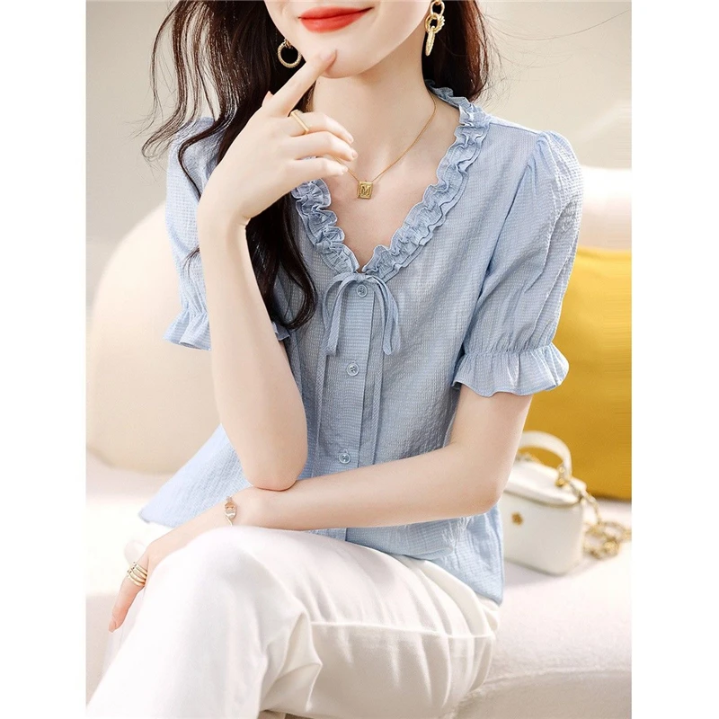 Womens Clothing 2023 Summer Trendy Ruffle Lace Up Button Up Shirt Korean V Neck Short Sleeve Chic Blouse Casual Sweet Tops Blusa