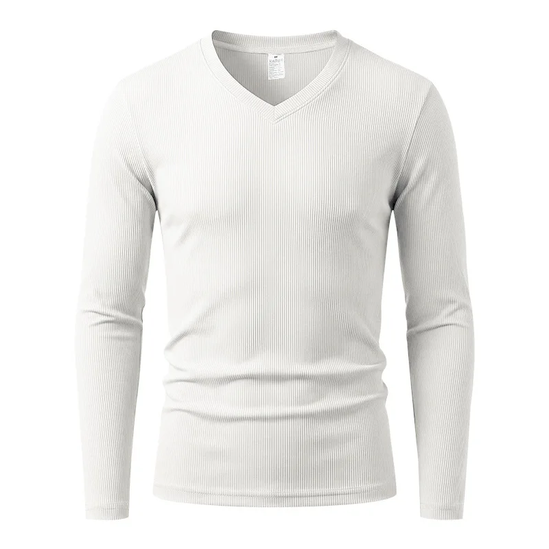 2026 men's pit strip V-neck long-sleeved bottoming shirt, European and American size slim-fit elastic knitted inner top