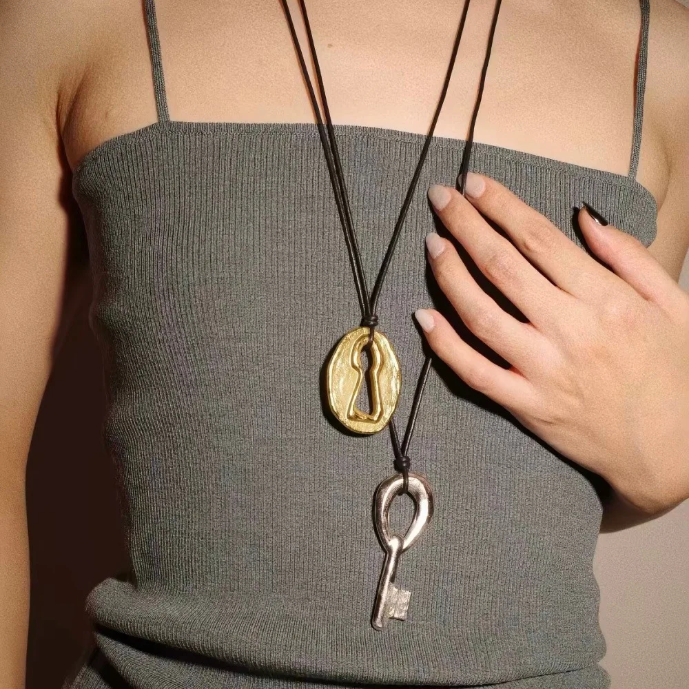 Fashion Secret Key & Lockhole Leather Cord Necklace, Unique Two-tone Gold Silver Layering Adjustable Pull Long Sweater Chain