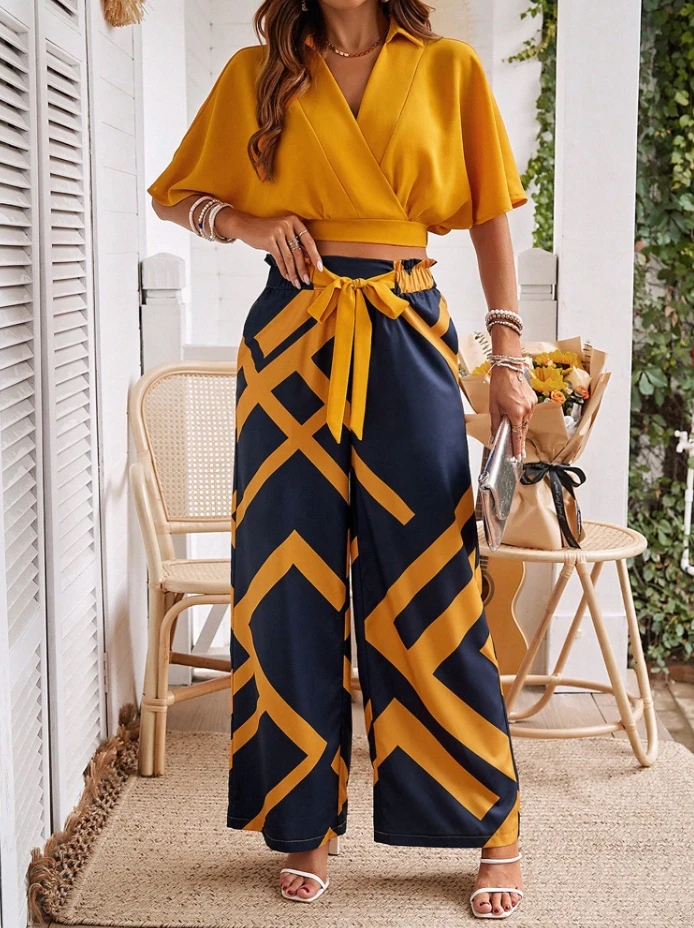 

Sexy Elegant 2 Piece Sets Womens Temperament V-Neck Short Sleeved Top Contrasting Printed Wide Leg Set New 2024 Summer Casual