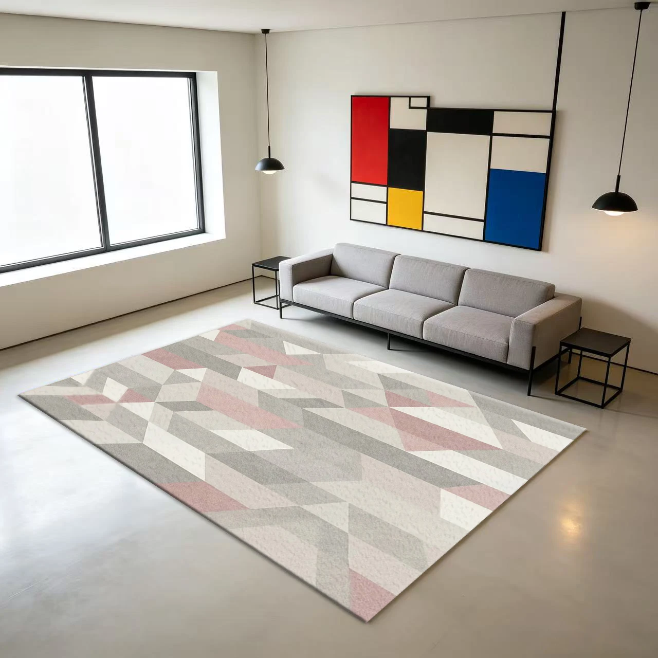 Pink Grey Pastel Triangle Geometric Carpet Flooring, Nordic Minimalist Non-Slip Area Rug for Bedroom Living Room Home Interior
