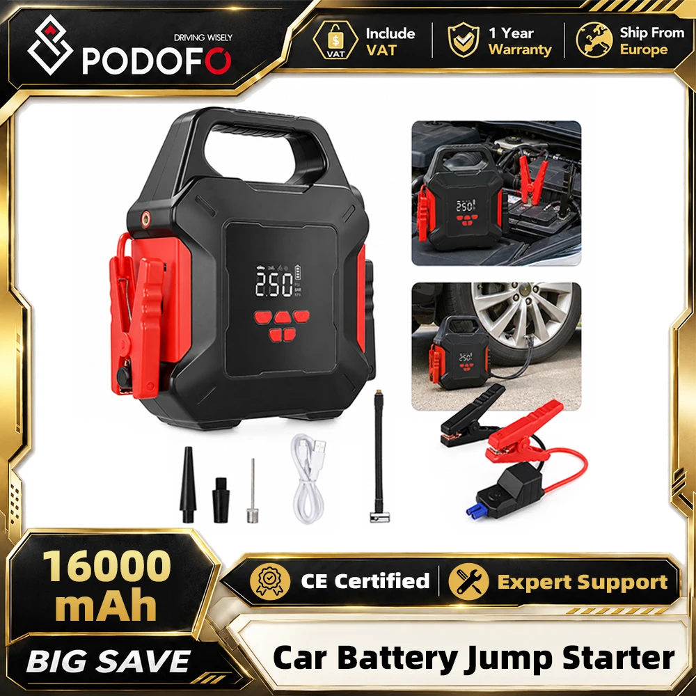 Arrancador de Coches Podofo J28 de 16000 mAh, 600A-1800A de Pico, Arrancador de Batería Portátil para Vehículos, Compresor de Aire Automático, Banco de Energía de Emergencia con Clip Inteligente