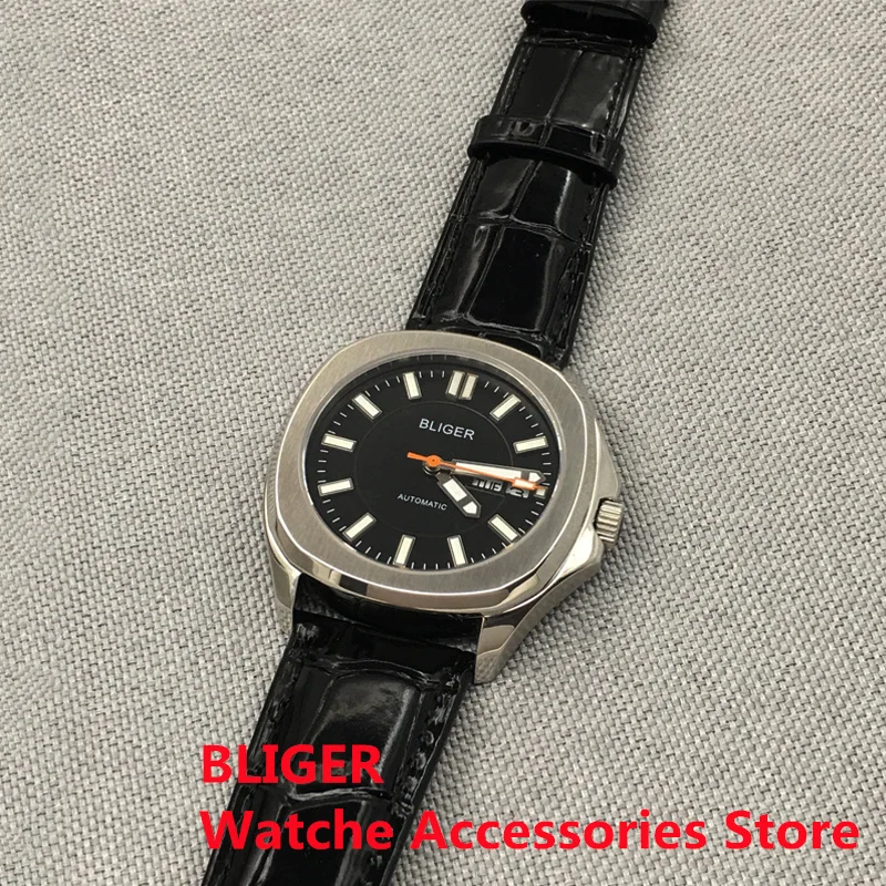 Bliger 40mm Silver Leather Strap Green Luminous Dial Sapphire Glass Back NH36A Automatic Movement Men\'s Wristwatch