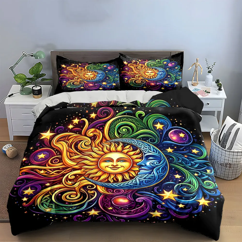 "Sun Moon Starry Decorative Set" Bettwäsche-Set mit 1 Bettbezug und 2 Kissenbezügen, Einzelbett, Doppelbett, King-Size-Bett, Queen-Size-Bett, Geschenk