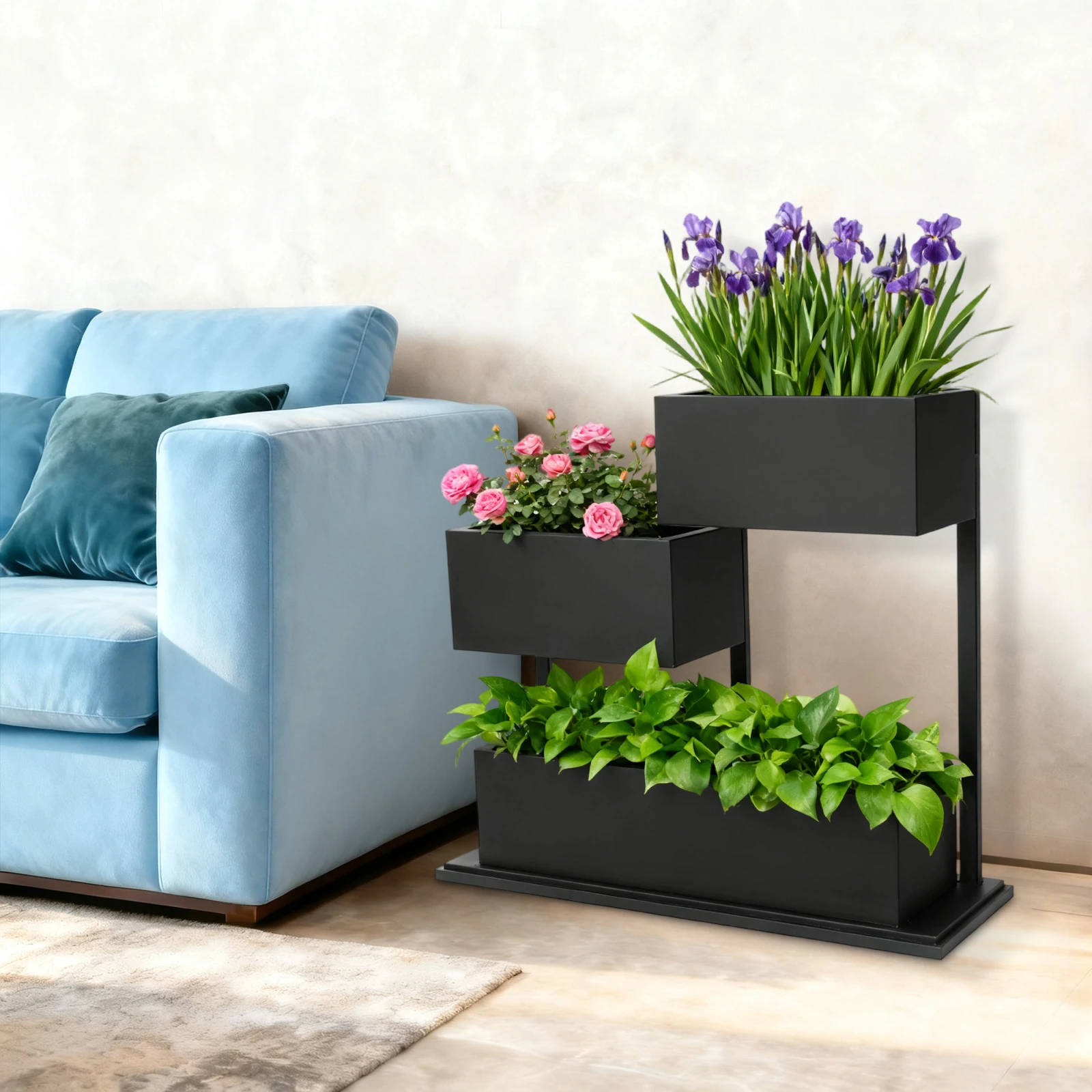 Caixa de plantador exterior de metal independente preta para escritórios, jardins, lobbies, decoração de terraços, venda de natal, presente de ano novo