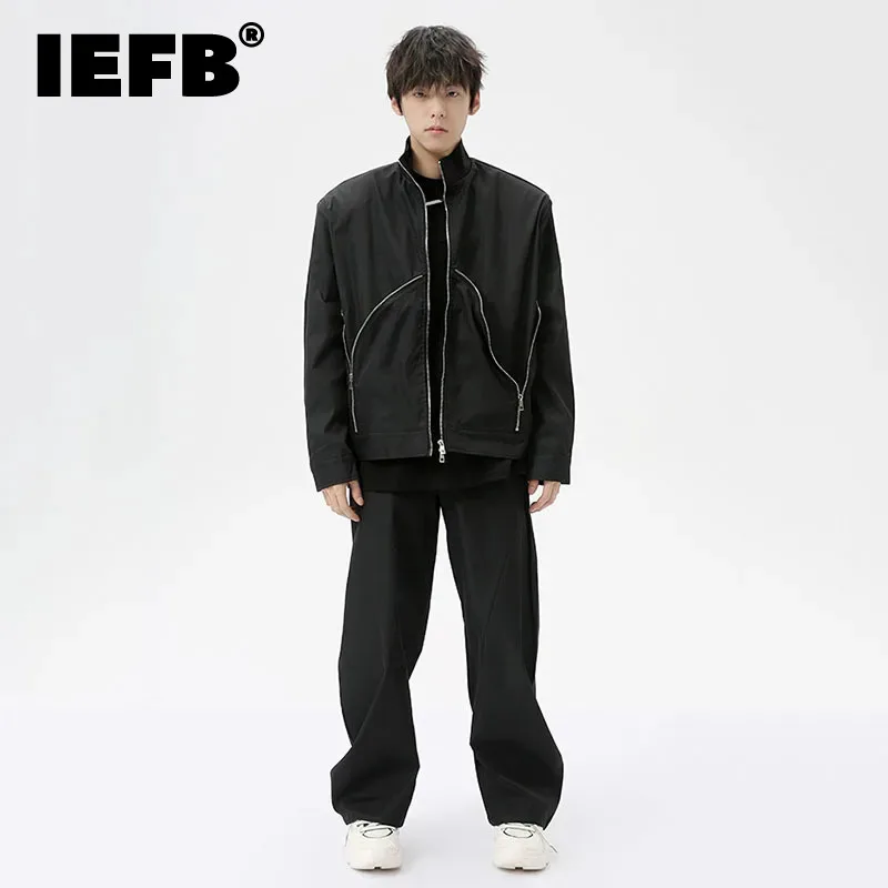 

IEFB Niche Style Men's Sets Stand Collar Irregular Zippers Jackets Straight Wide Leg Elastic Waist Pants Male Two-piece 9C7028