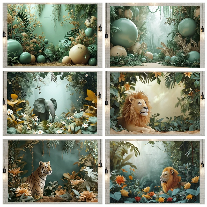 Newborn Baby One Birthday Party Backdrop Jungle Wildlife Elephant Lion Background Portrait Photographic for Photo Studio Props