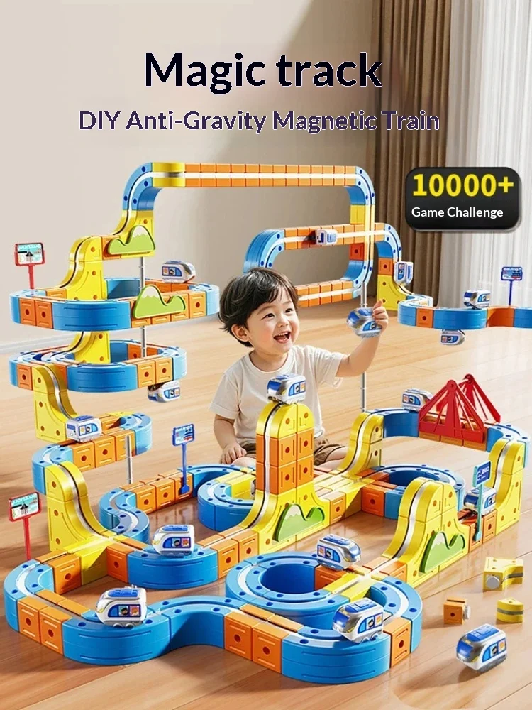 

Магнитный автомобильный гоночный набор, моторизованный поезд Монтессори, железнодорожная дорожка, игрушка, гравитационный лабиринт, образовательный подарок для детей