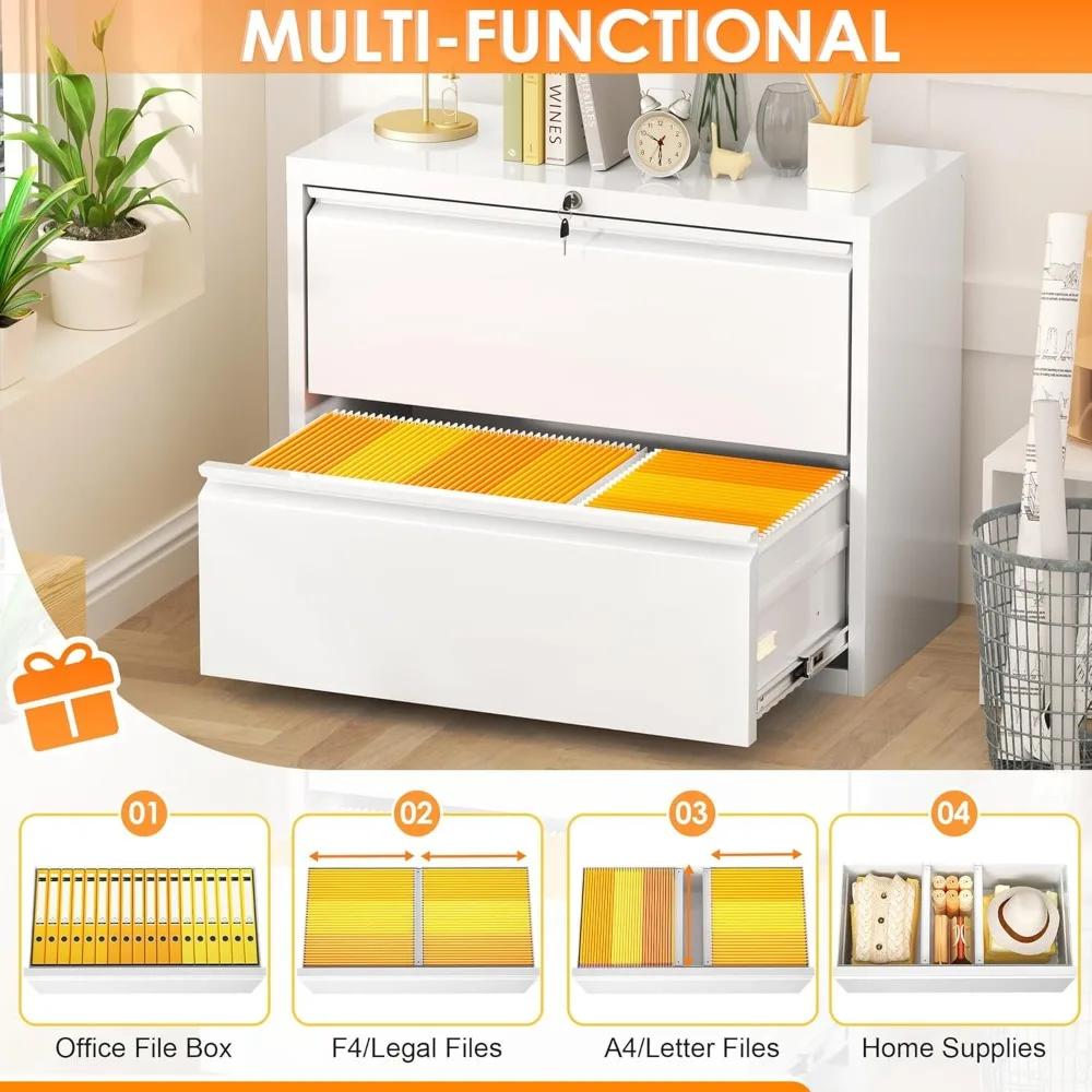 خزانة ملفات مكتبية مع قفل، خزانة ملفات جانبية بيضاء ذات درجين، منظم تخزين واسع من الفولاذ للمستندات المكتبية