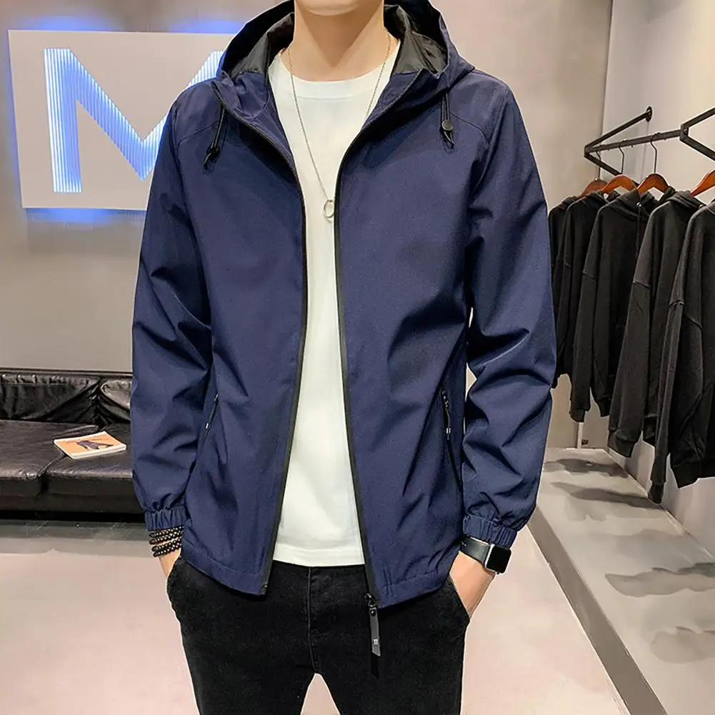 

Men Casual Jacket Versatile Men's Mid Length Jacket with Hood Zipper Pockets Elastic Cuff Stylish Spring/fall Coat for A