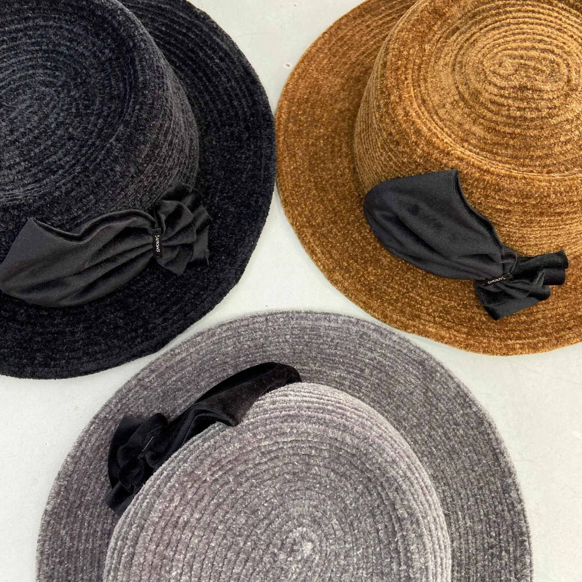 Women's Fashionable Versatile Bow-Tie Mini Bowler Hat Winter Knitted Casual Fisherman's Hat Warm Flat-Top Hat