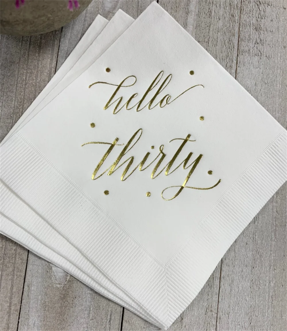 50PCS Hello Thirty White w/Metallic Gold Foil Cocktail Beverage Napkins 3 Ply Happy Birthday 30th Hello Thirty Metallic Gold F