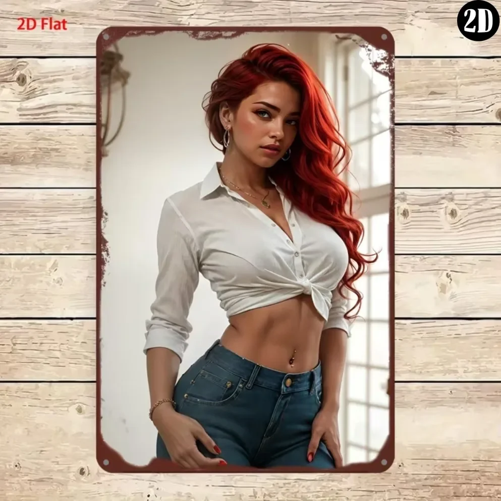 CIFBUY Red-haired Woman Metal Tin Wall Decor, 2D Retro Sign with Lady in White Knotted Shirt & Jeans, Wall Hanging Ornament