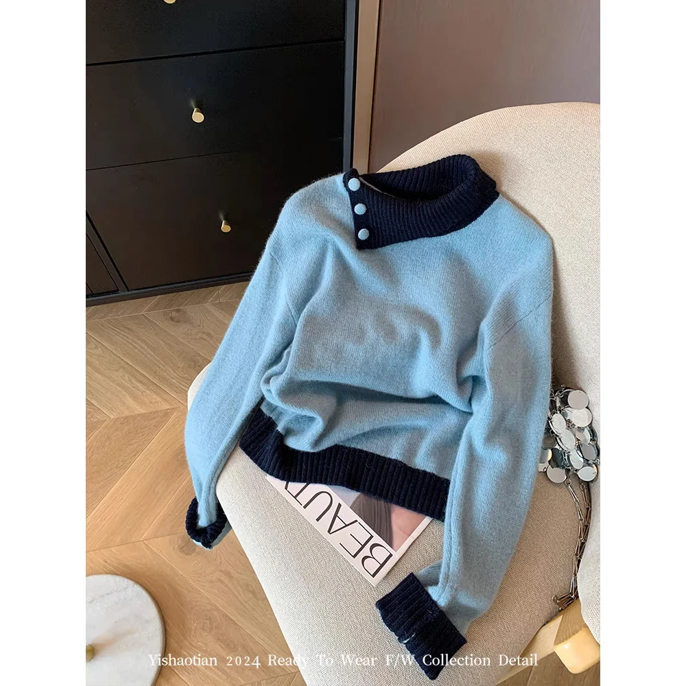 

Women Blue Knit Pullover Autumn Sweater Korean Style Long Sleeves Cashmere Sweater Vintage Cozy Knitwear Y2k 2000s Clothes 2025