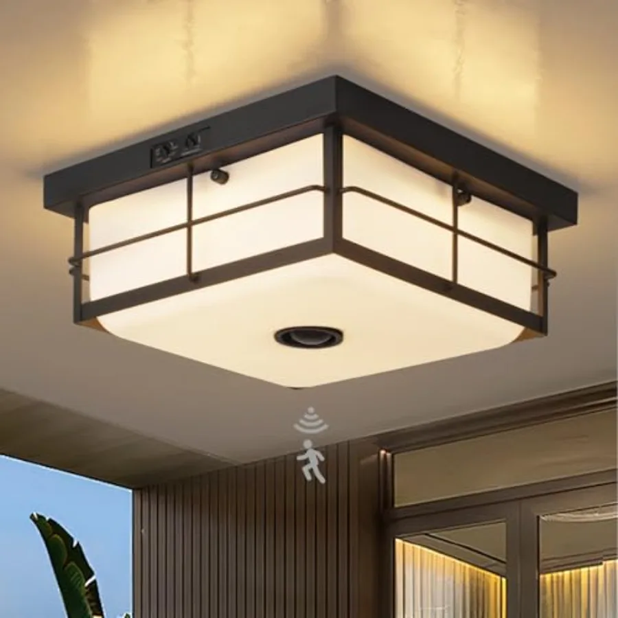 

Upgraded Square Outdoor LED Ceiling Light Fixture Modern Flush Mount with Motion Sensor Dusk to Dawn 24W 5CCT Built-in LED for