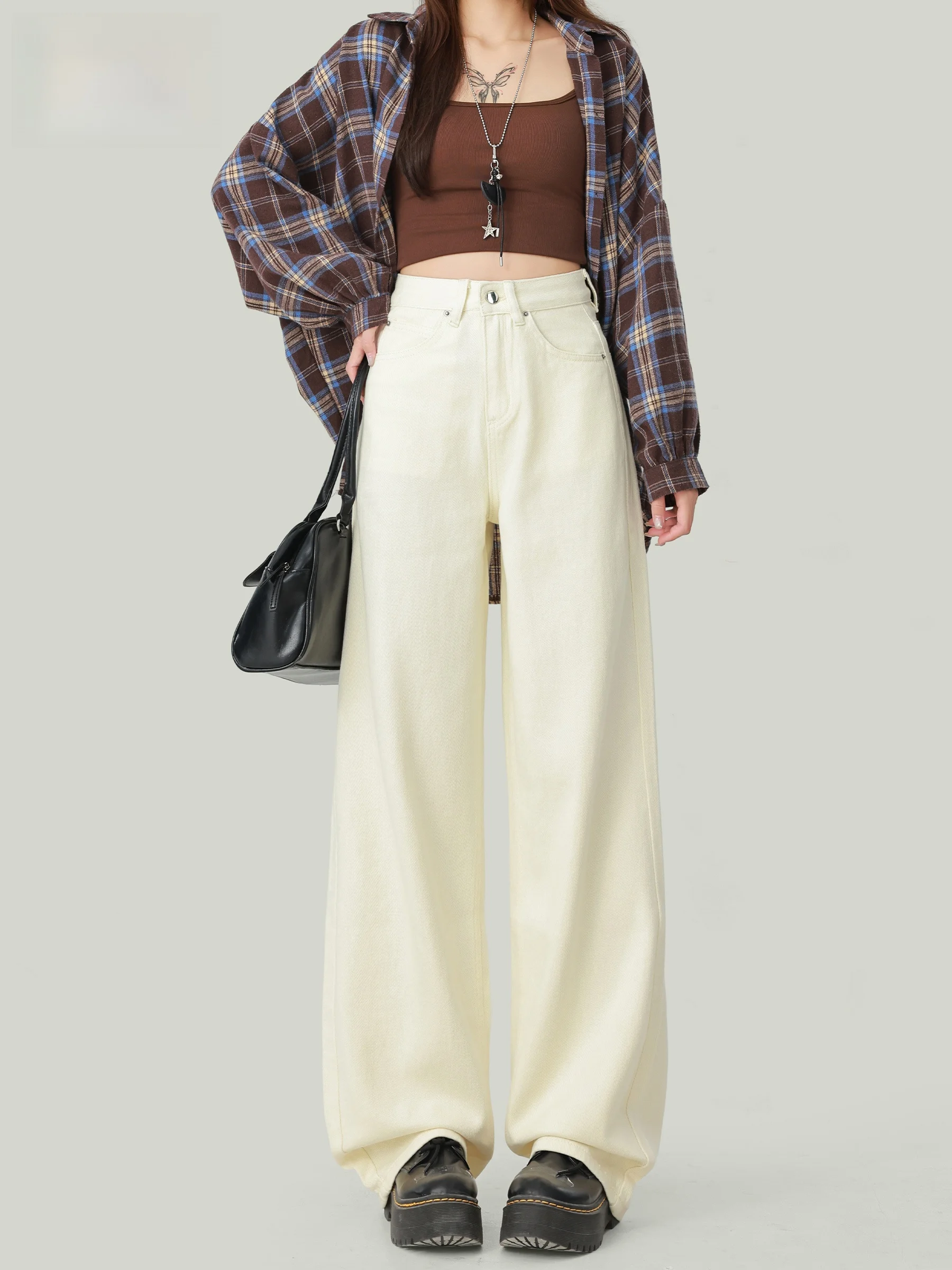 

Белые американские джинсы с высокой талией и широкими штанинами, женские свободные прямые брюки с эффектом похудения, повседневные джинсы с высокой талией