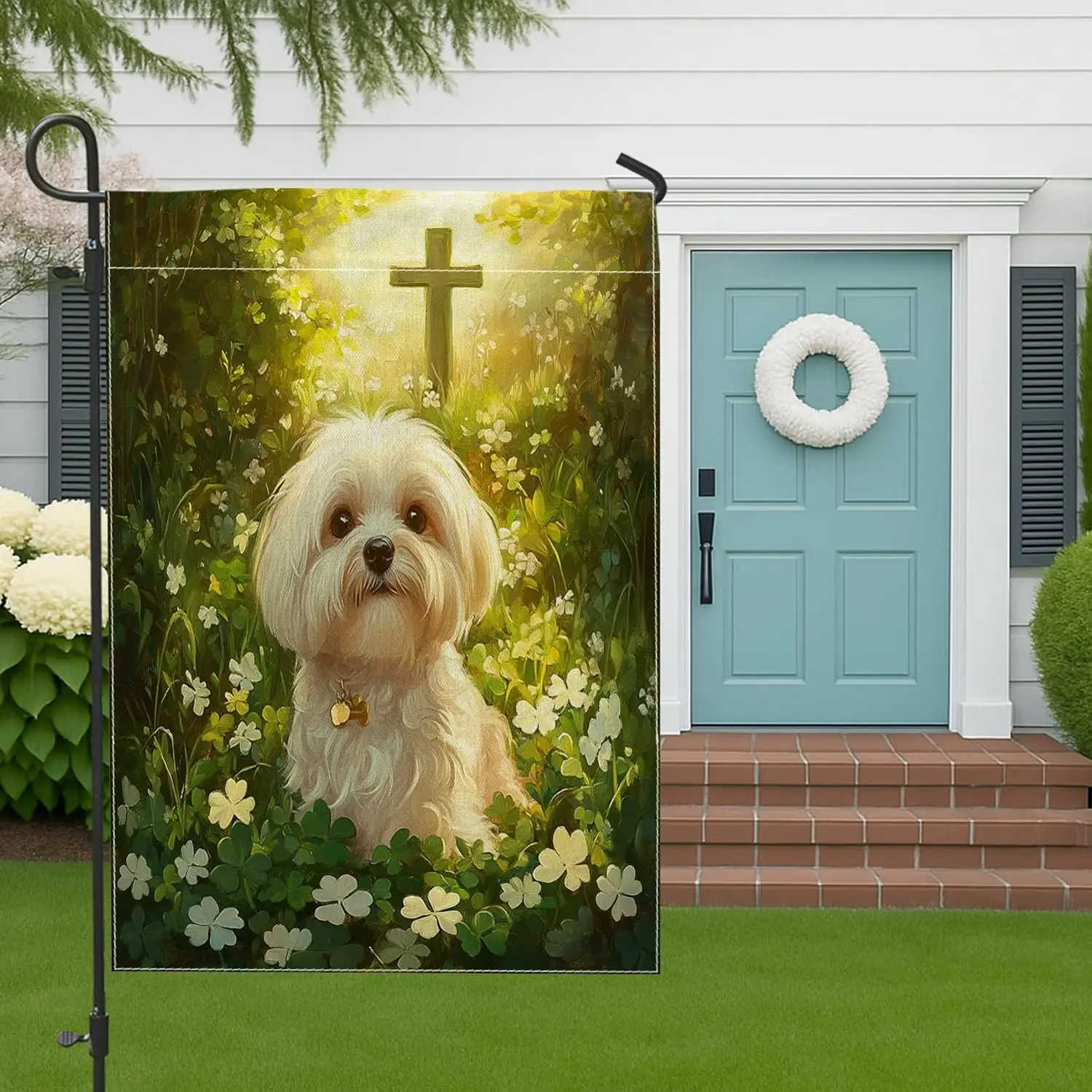 St Patricks Day Havanese Dog Garden Flags 12x18 Inch for Outside, Cross Clover Pattern Standard Linen House Flags, Pet Front AAS
