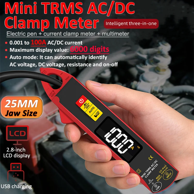 UX1 Digital Clamp Meter 6000 Digits 100A Auto Ammeter LCD Screen Mini TRMS AC/DC Multimeter Rechargeable Car Current Voltmeter