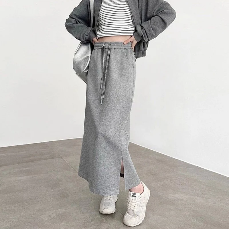 여름 여성용 편안한 미디롱 스커트 여성 클래식 한국 스타일 하이웨이스트 스커트 여성 시크 패션 솔리드 얇은 드레스