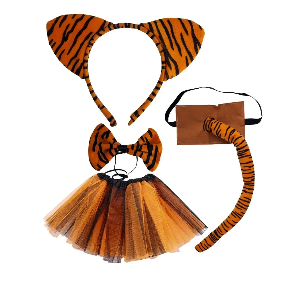 Girls Kids Tiger Animals Theme Costume Tulle Skirt Ears Headband Bow Tie Tail for Halloween Dress Up Cosplay Christmas