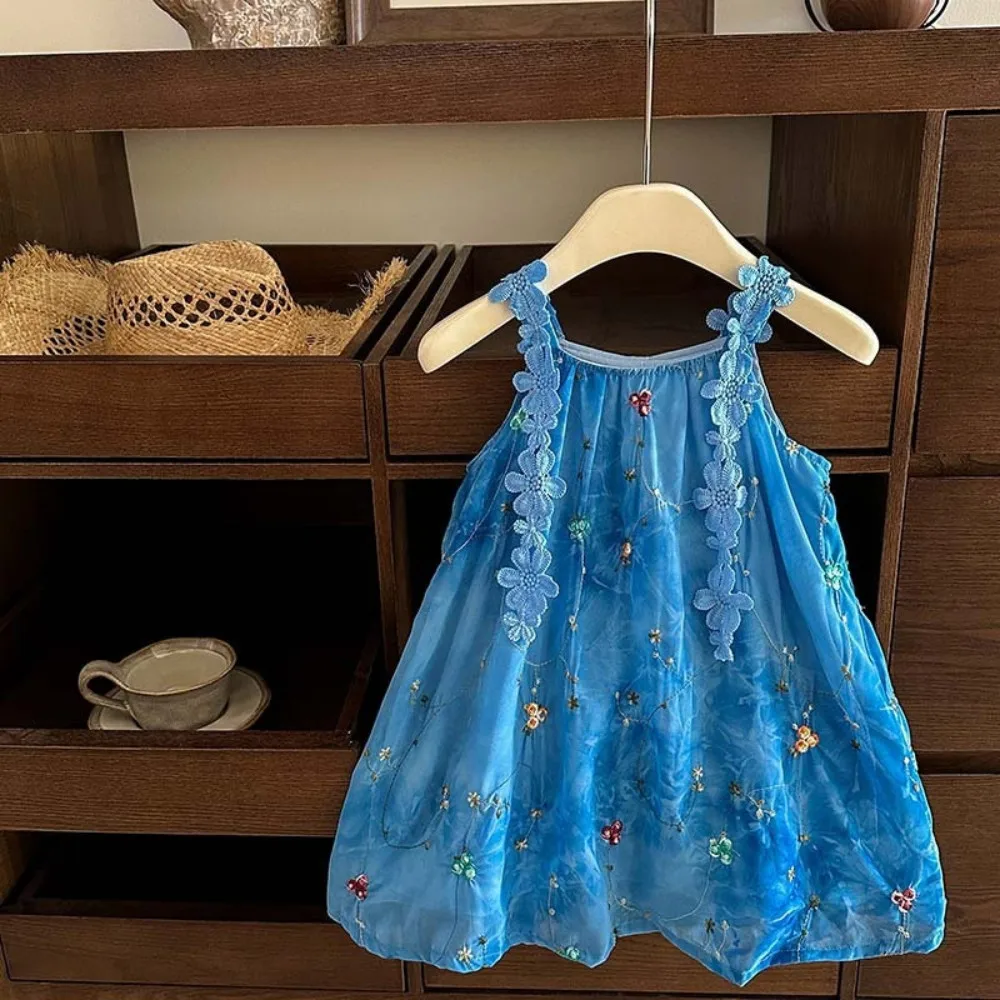 Summer New Blue Holiday Style Girls' Dresses 2-7 Year Old Children's Clothing Version Sweet Printed Strap Princess Dress