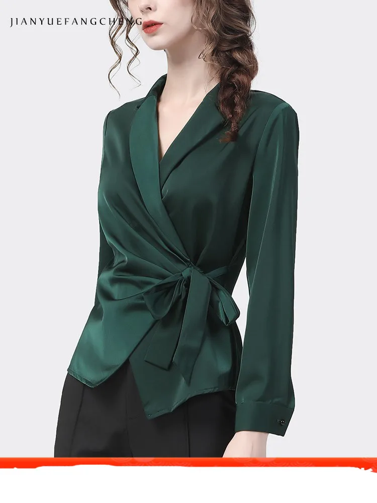 Womens Long Sleeve Green Satin Lace-Up Shirt Crossed V-Neck Elegant Slim Fit Spring Summer Ladies Tops Casual Working Blouses