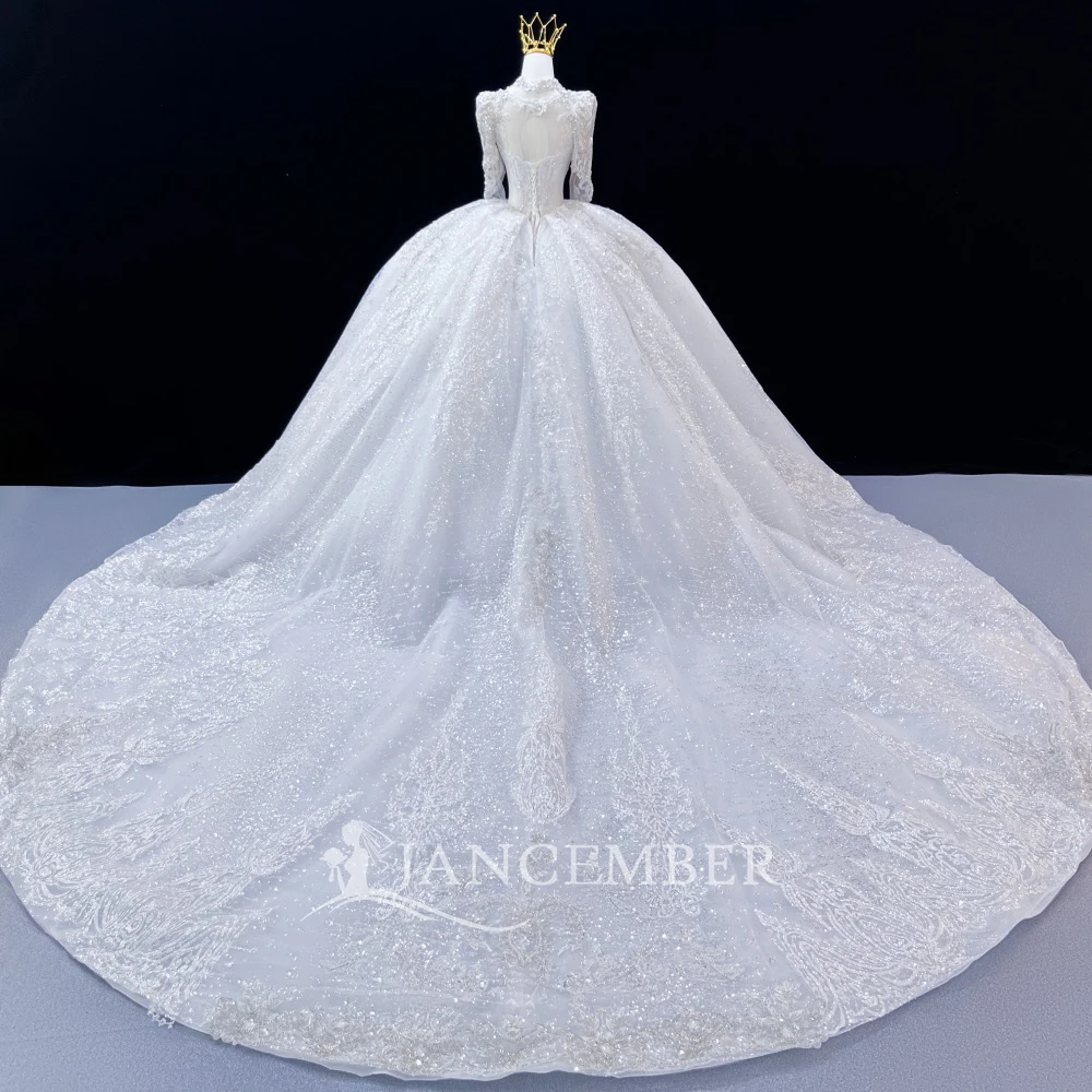 Customized Exquisite Square Collar Long Sleeve Ball Gown Wedding Dress Beading Court Train Princess Bridal Gown robe de mariée