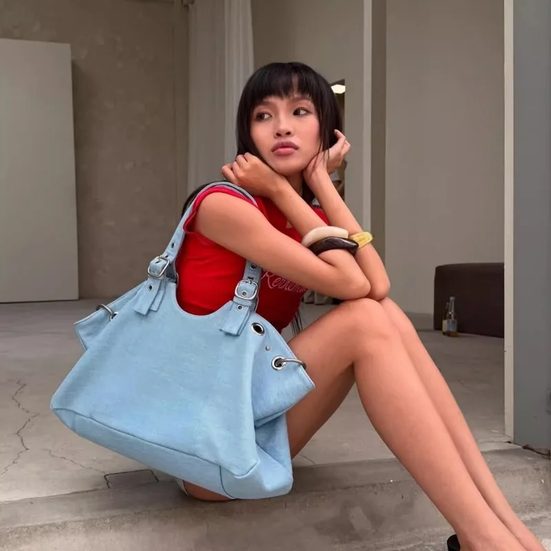 Y2K Cool Girl Motorcycle Bag For Women High-end Sense Korean Large Capacity Tote Bag Fashion Travel Shoulder Bag