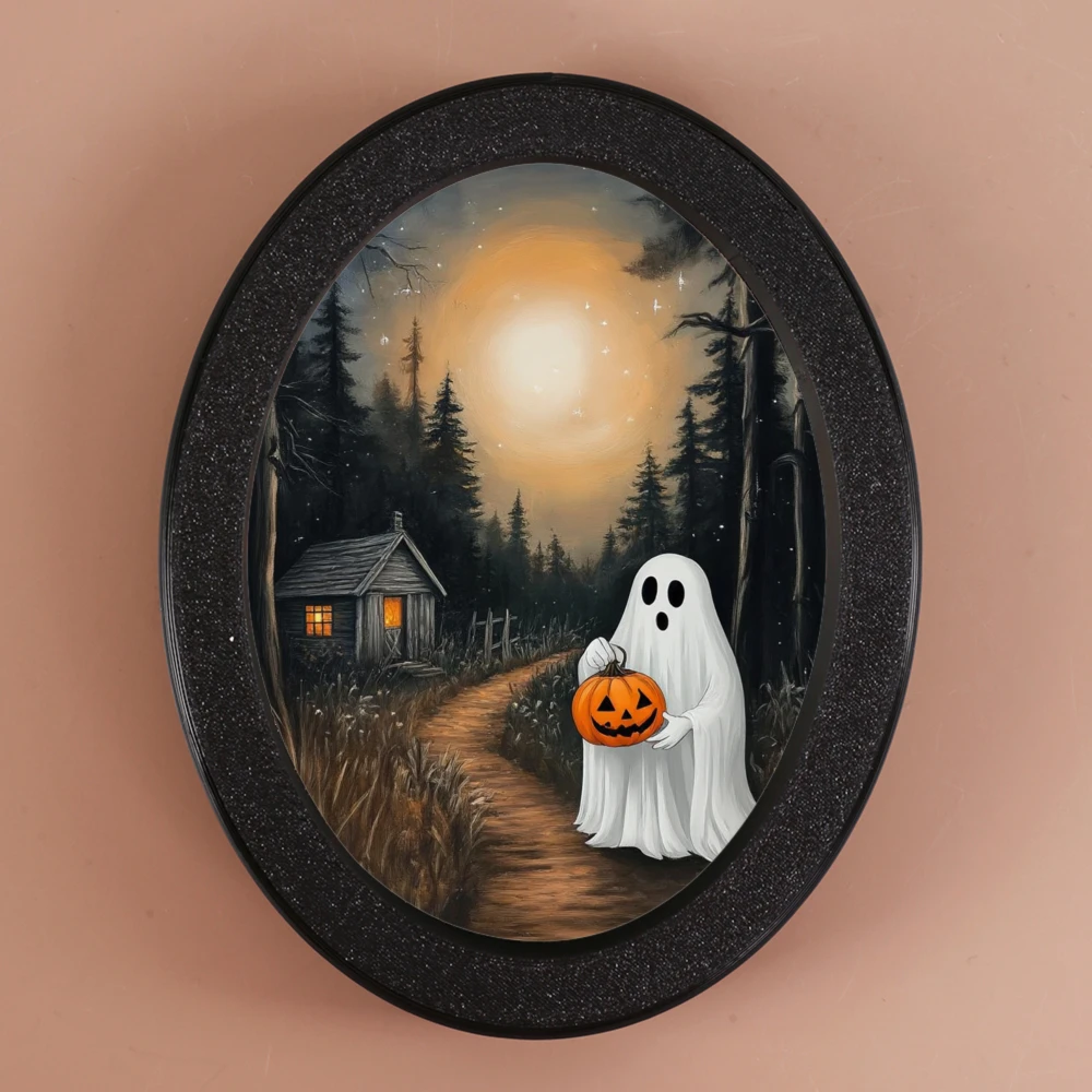 إطار صورة بيضاوي أسود عبر الحدود مع رسم توضيحي لفانوس اليقطين يحمل الأشباح، مناسب لديكور الهالوين، إنشاء بلدي