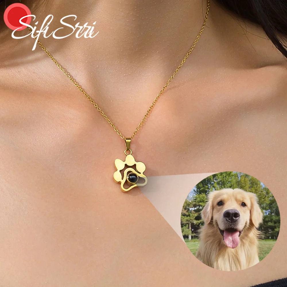 Sifisrri Personalized Dog Paw Projection Necklace For Women Family Custom Puppy Photo Memorial Pet Lover Picture Jewelry Gift